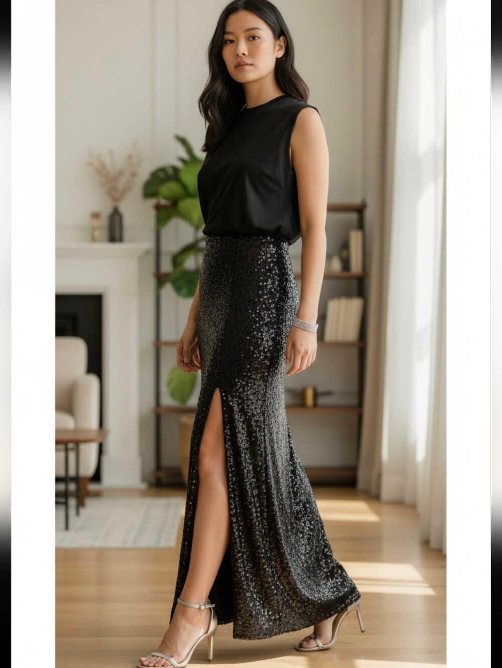 Johnny Wujek for JCPenney Black Sequin Maxi Skirt Slit Formal Prom Glam Sz L NWT